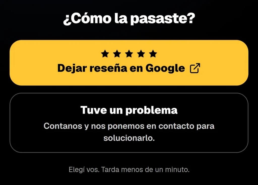 Pantalla que ve el cliente al usar la tarjeta, con las dos opciones a la vez: escribir en Google o escribirle al comercio